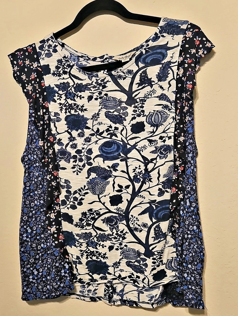 Lucky Brand Print Mix Swing Top Floral Tunic Blue & Cream XL